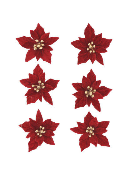 6 flores poinsétia adesivas veludo vermelho e dourado 5,5 cm