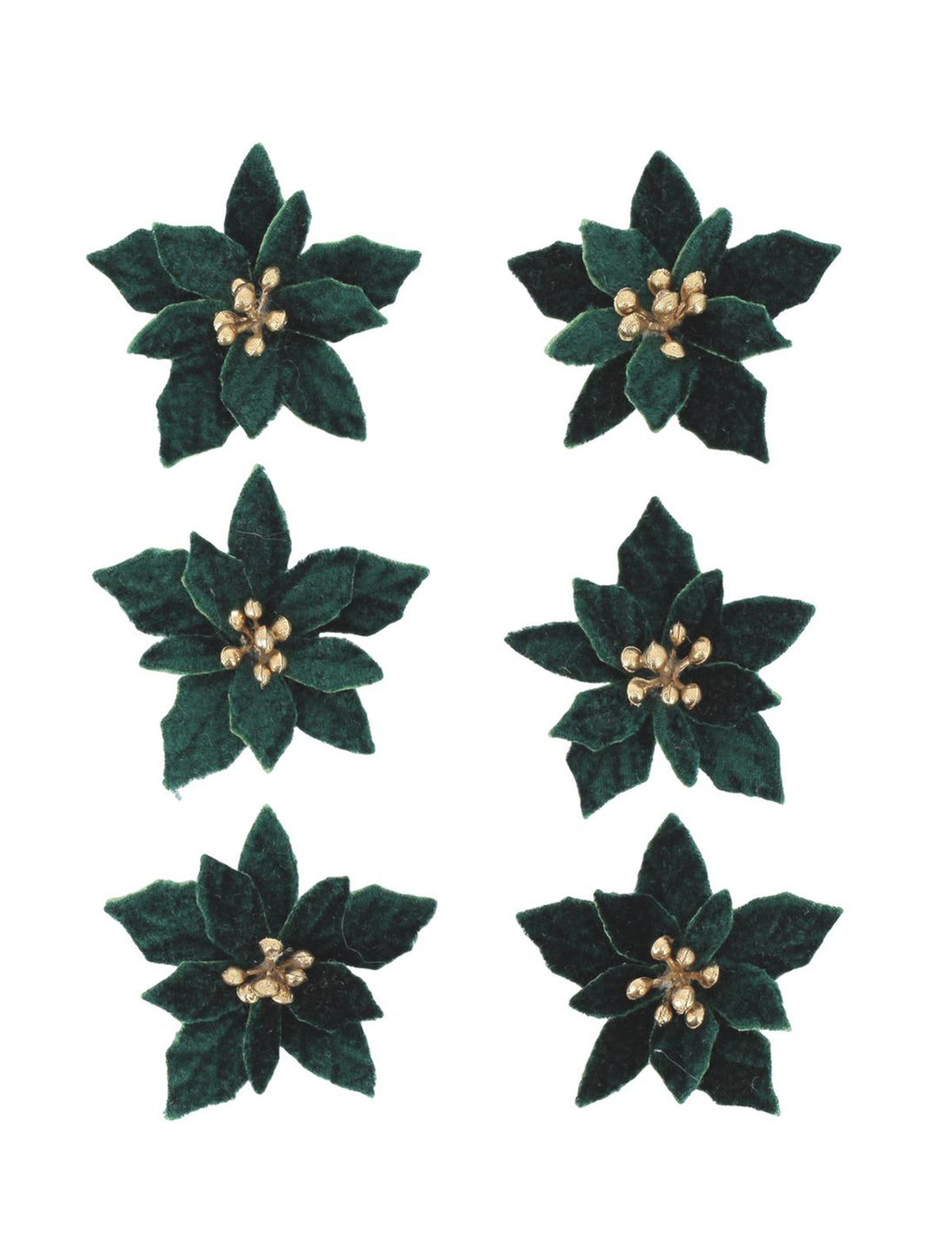 6 flores poinsettia adesivas de veludo verde escuro e dourado 5,5 cm