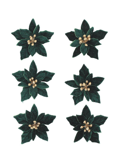 6 flores poinsettia adesivas de veludo verde escuro e dourado 5,5 cm