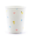 Gobelets en carton boy or girl pour baby shower blancs avec coeurs roses étoiles bleues et points d'interrogation dorés