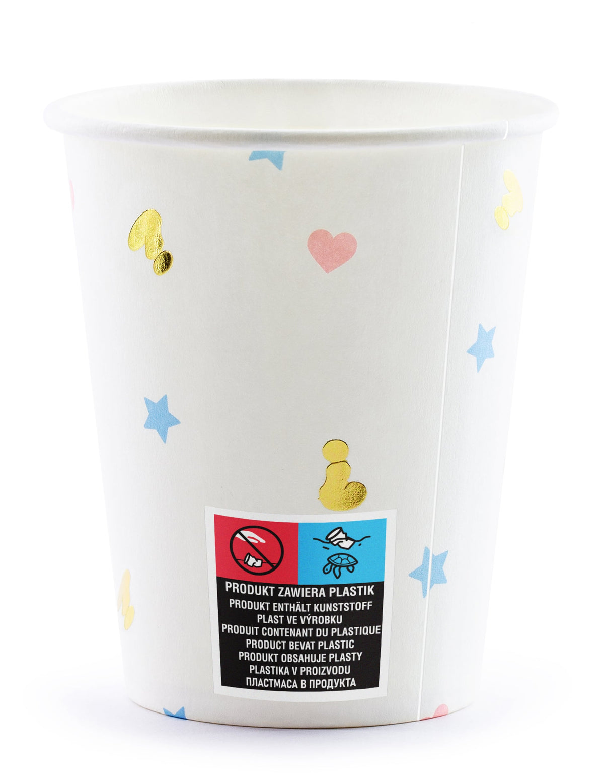 Vue de dos du gobelet en carton boy or girl pour baby shower