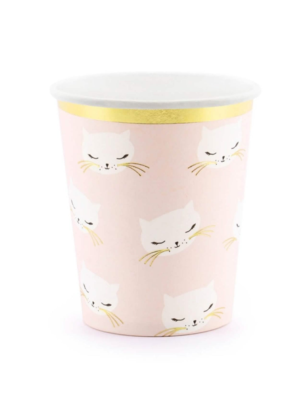 Copos de cartão com gatinho cor-de-rosa e brancos com rebordo dourado