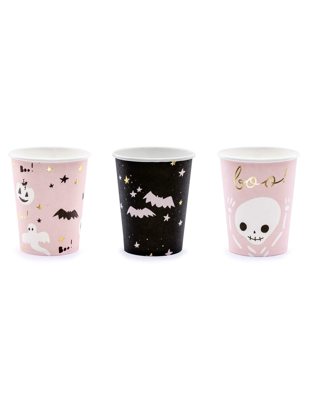 Copos de cartão halloween para festa, cor-de-rosa e pretos, fofos