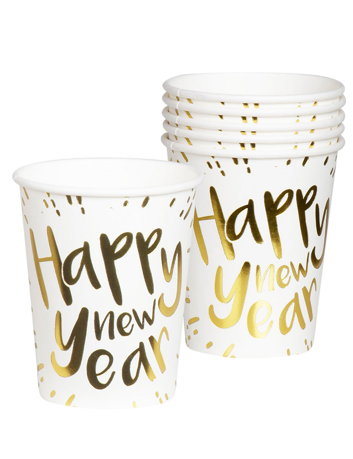 Gobelets en carton Happy New Year blancs et dorés