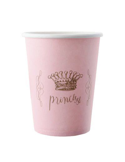 Gobelets en carton princesse pour anniversaire rose avec motif de couronne