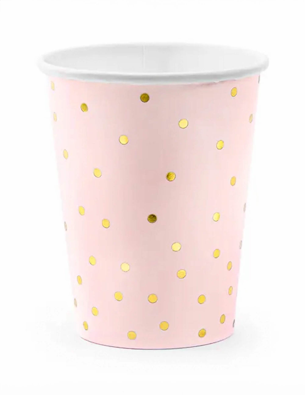 Copos de cartão cor de rosa pálido e com pois dourados para festa cor de rosa e dourado