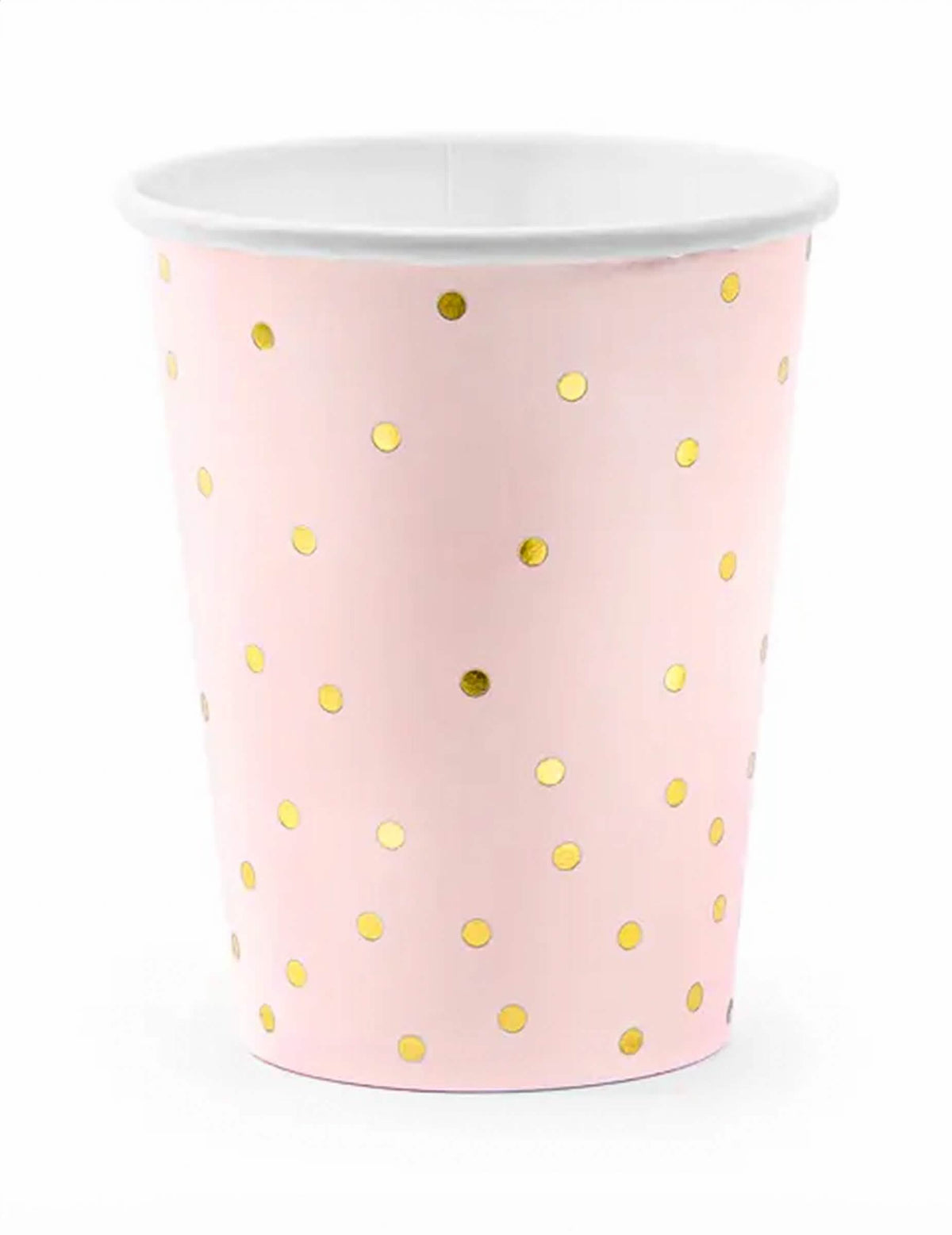 Copos de cartão cor de rosa pálido e com pois dourados para festa cor de rosa e dourado