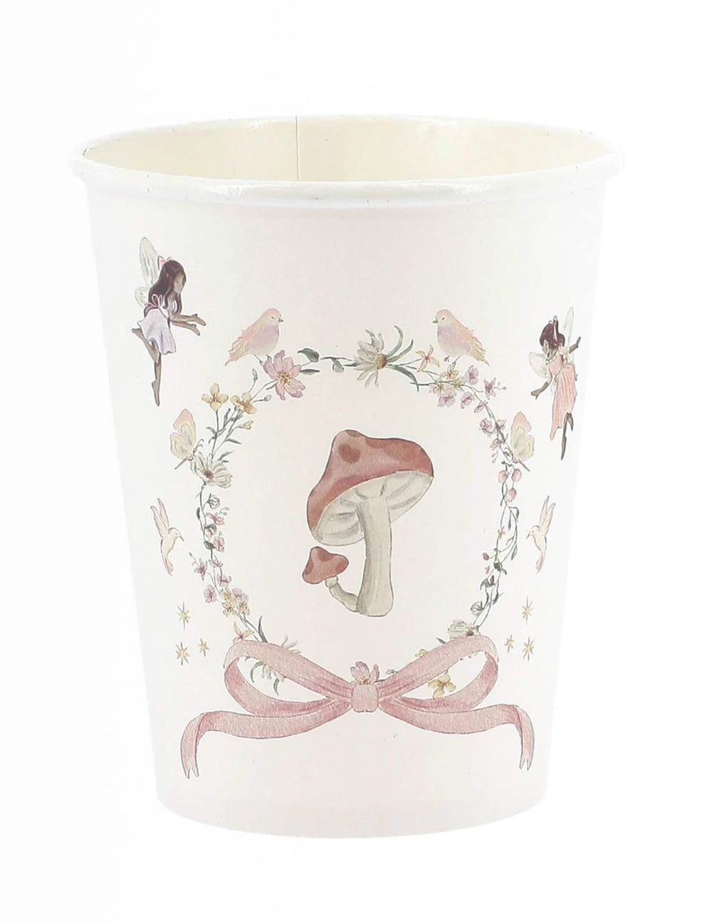 Gobelets fée pour anniversaire blanc et rose pastel avec motif champignon