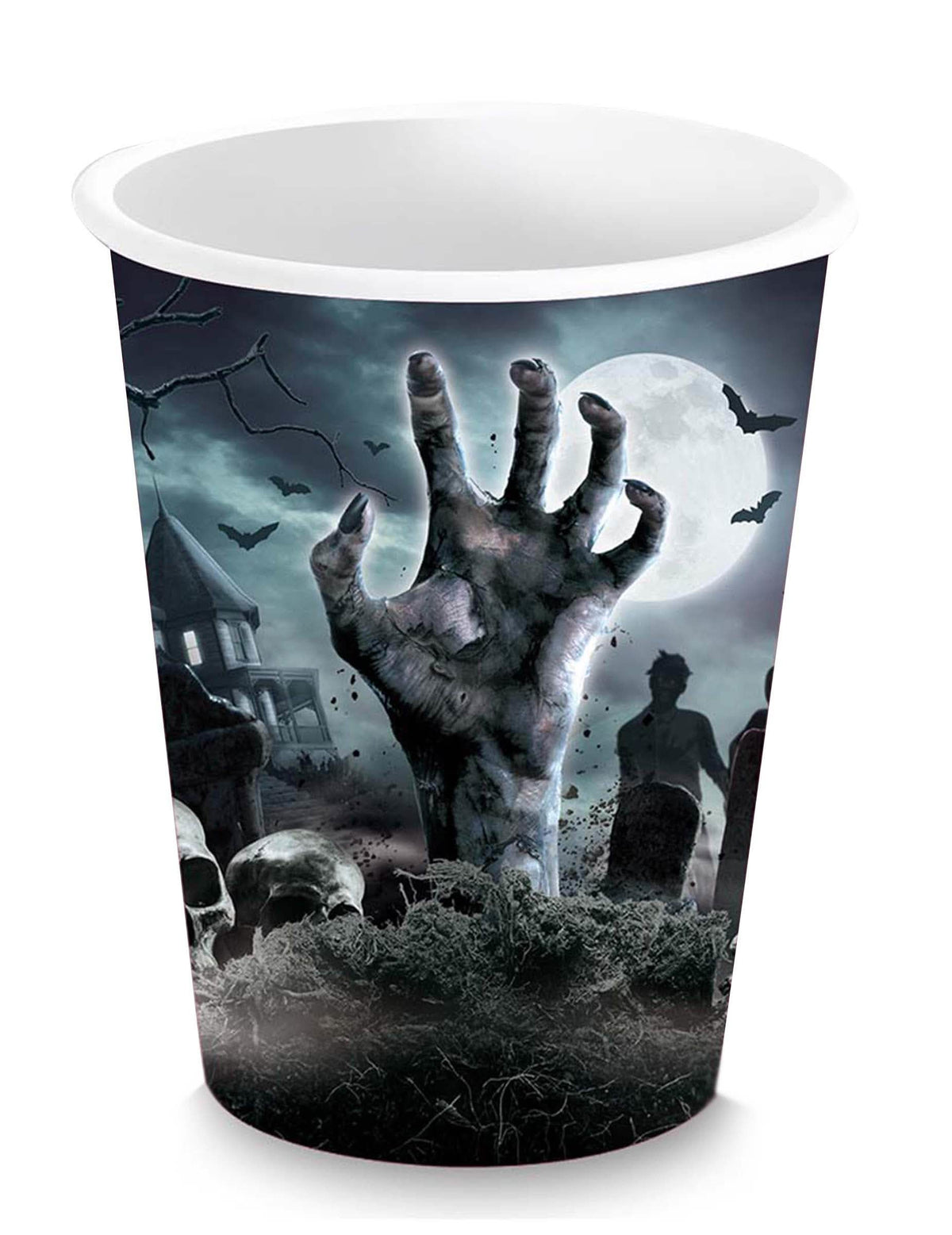 Gobelets revenants du cimetière pour Halloween avec motifs de main de zombie et pleine lune