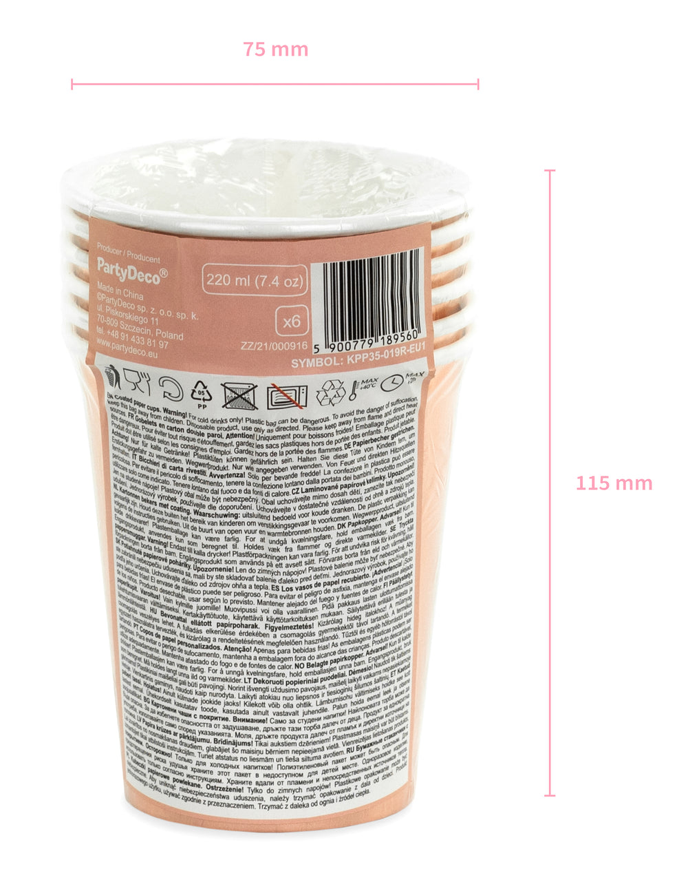 Détail des dimensions et du packaging des gobelets rose gold pour fête