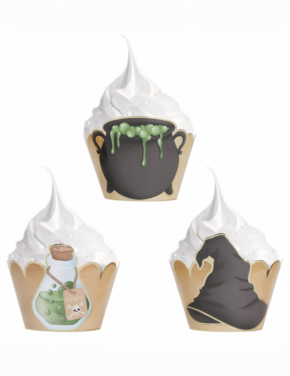 Détail des motifs chaudron potion et chapeau des habillages moules à cupcake apprenti sorcier