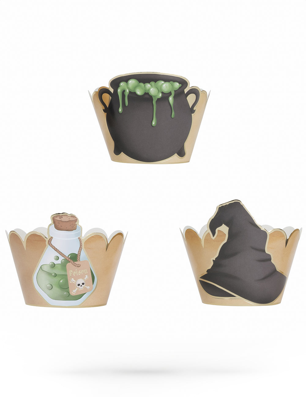 Habillages moules à cupcake apprenti sorcier pour fête kraft avec motifs chaudron et chapeau