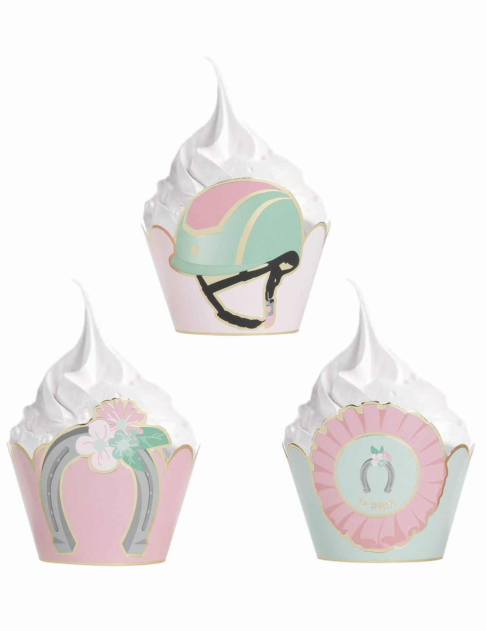 Diferentes motivos das coberturas moldadas para cupcake cavalo azul e cor de rosa pastel