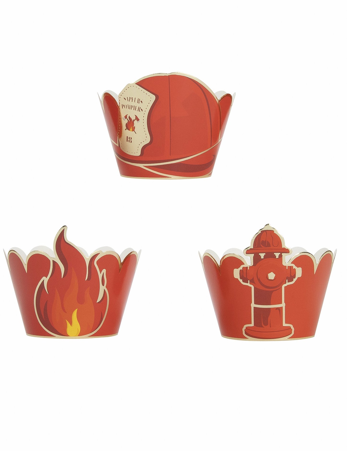Habillages moules à cupcake Pompier pour enfant rouge avec motifs flammes et borne d'incendie