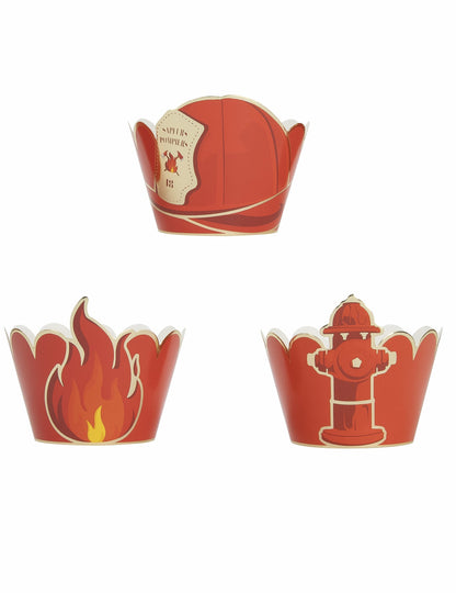 Habillages moules à cupcake Pompier pour enfant rouge avec motifs flammes et borne d'incendie