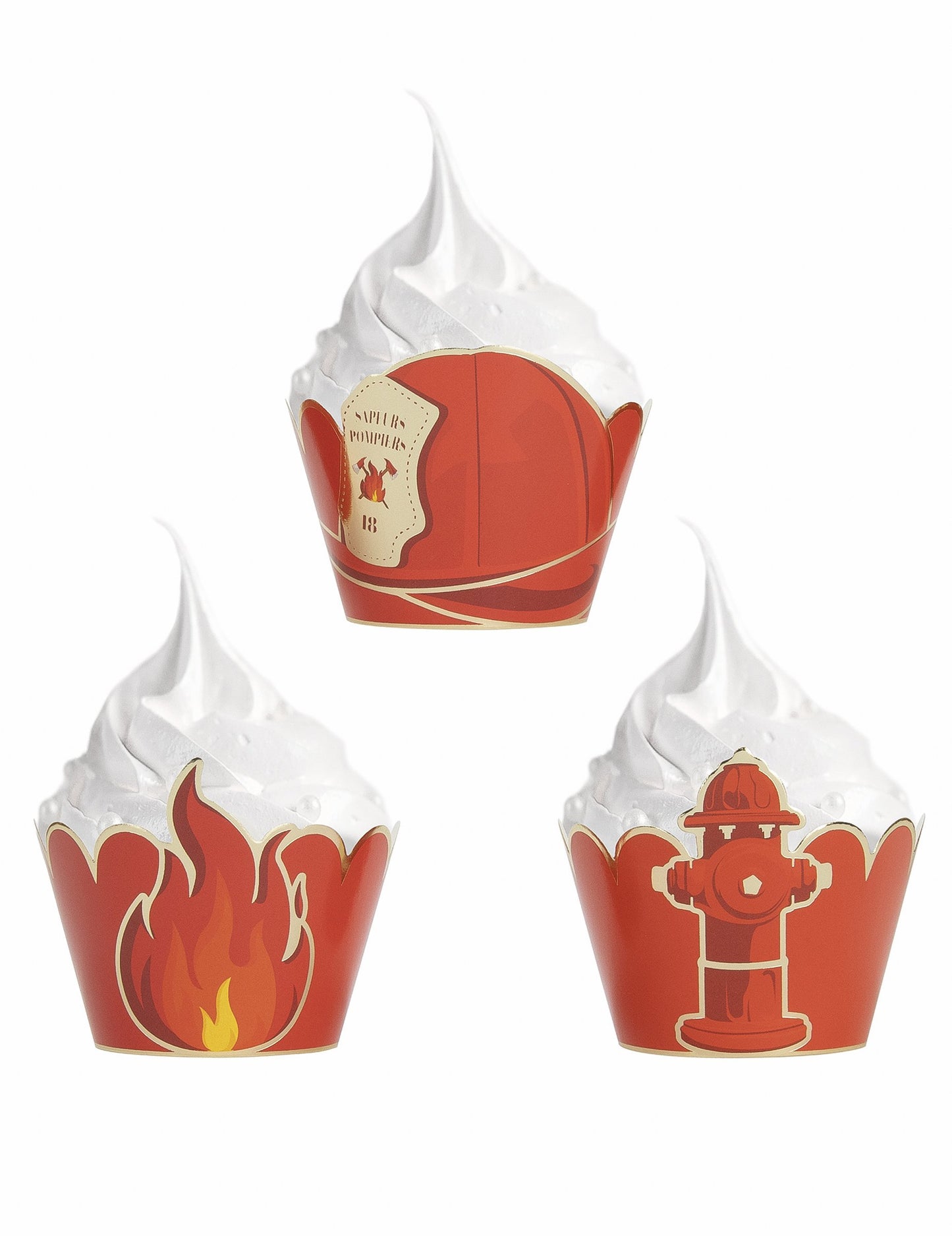 Détail des différents motifs des habillages moules à cupcake Pompier