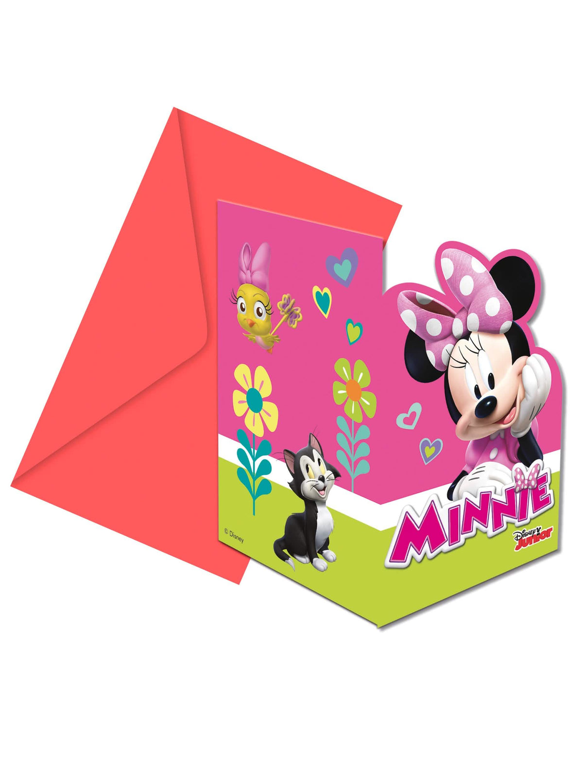 Convites com envelopes Minnie Happy para criança cor-de-rosa e vermelhos