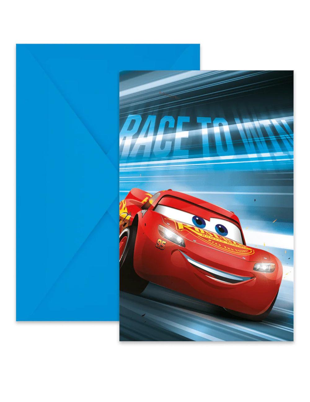 Invitations et enveloppes Cars pour enfant bleu et rouge avec Flash McQueen