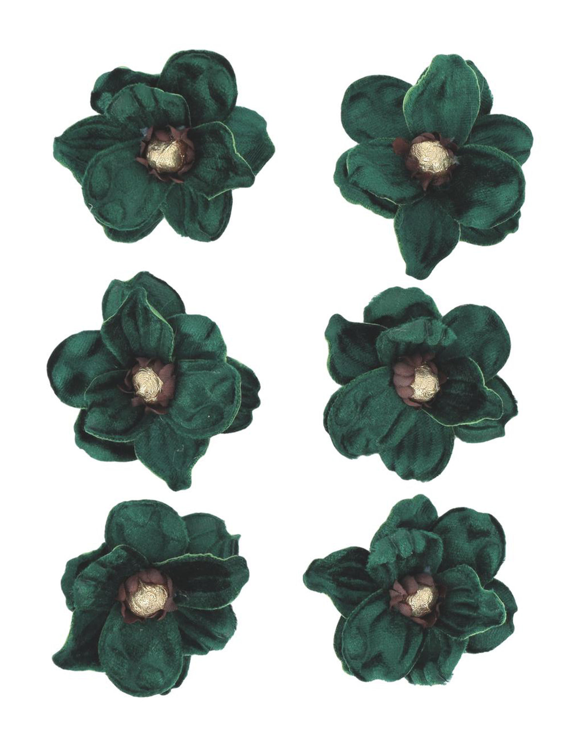 6 magnólias adesivas de veludo verde escuro e dourado 6 cm
