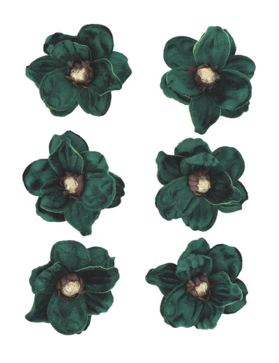 6 magnólias adesivas de veludo verde escuro e dourado 6 cm