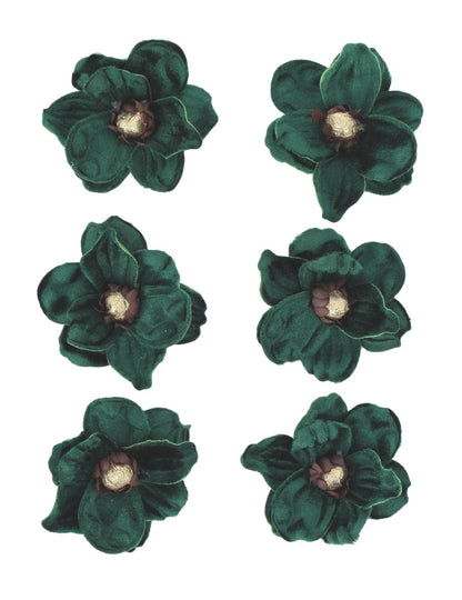 6 magnólias adesivas de veludo verde escuro e dourado 6 cm