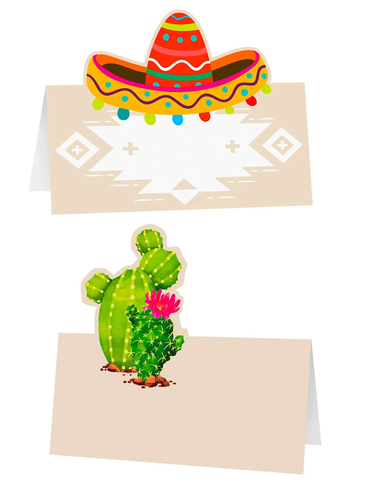 Marcadores de lugar em forma de cacto e sombrero multicoloridos para festa com tema mexicano