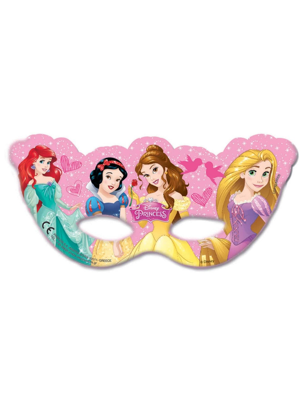 Máscara princesas Disney para criança cor de rosa com Ariel, Branca de Neve, Bela e Rapunzel