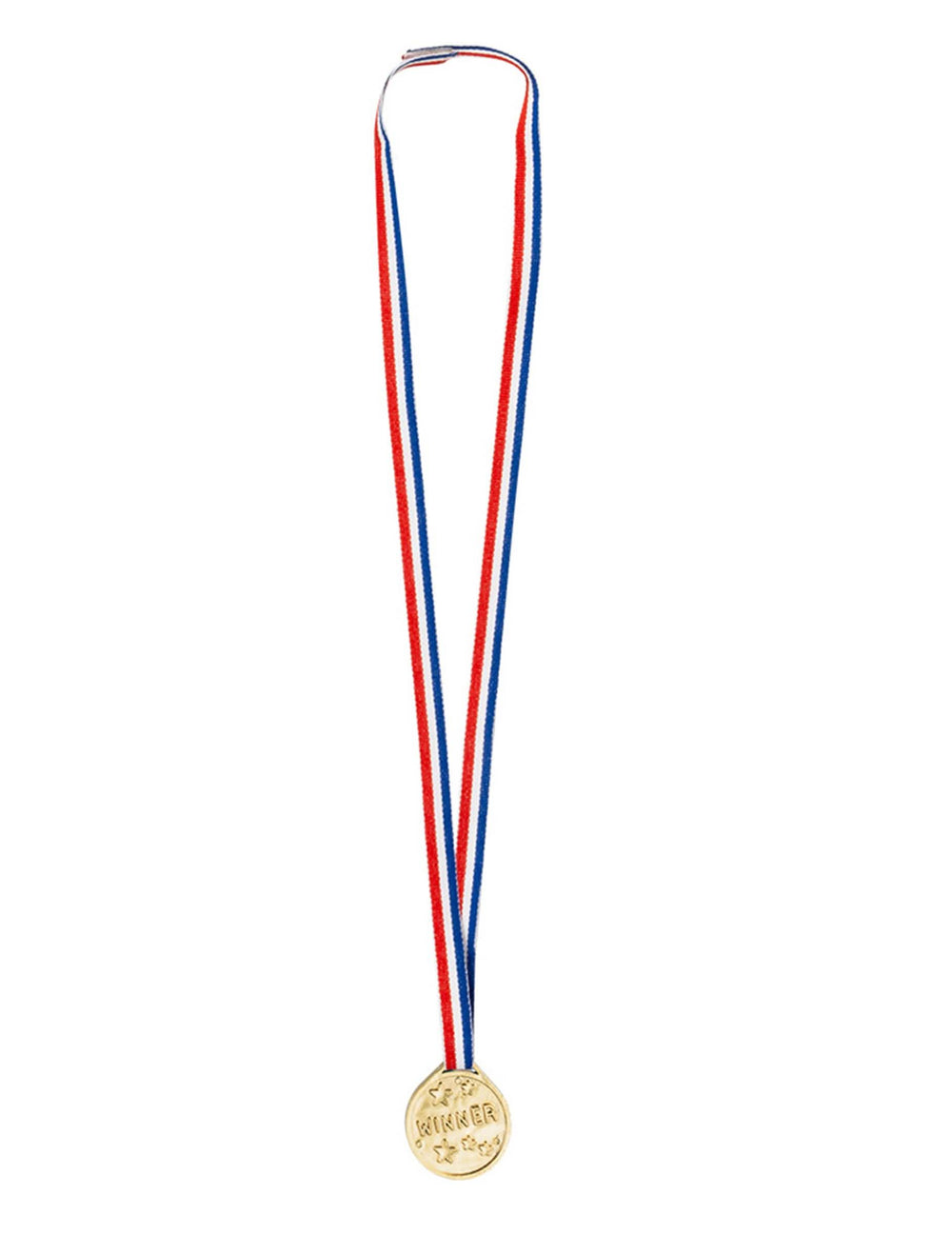 Medalha winner para criança dourada com fita azul branco vermelho