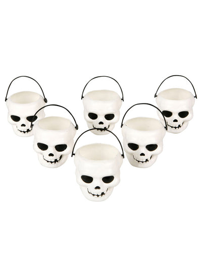 6 Mini seaux tête de mort pour Halloween blancs avec anse noire