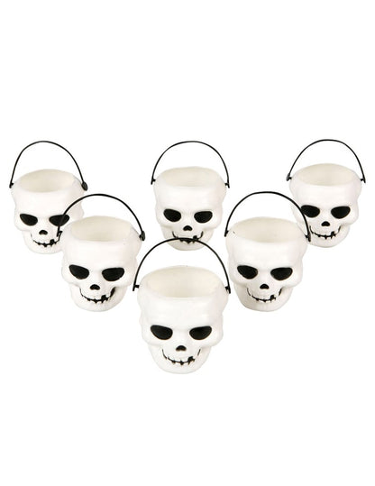 6 Mini seaux tête de mort pour Halloween blancs avec anse noire