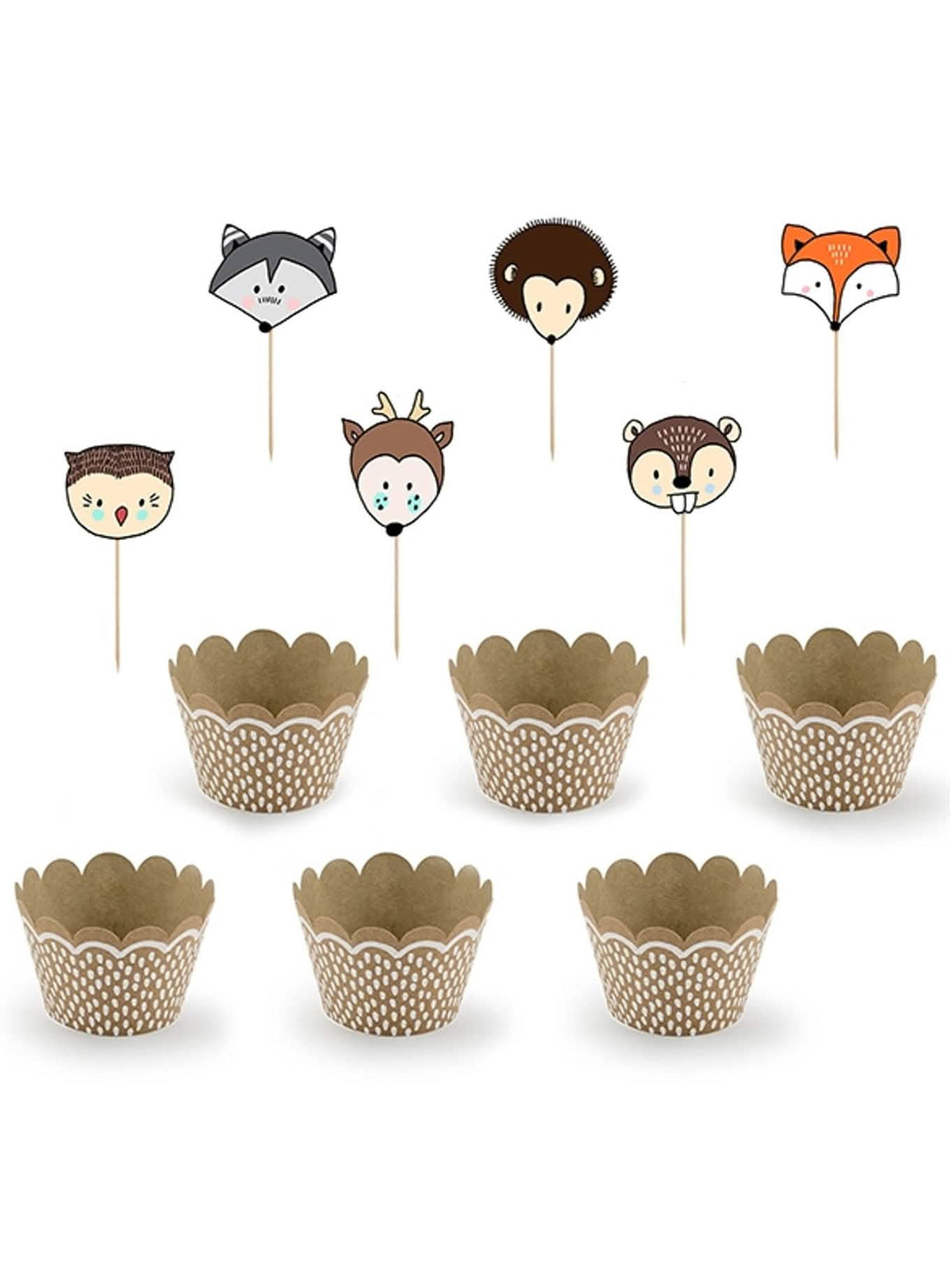 Formas para cupcake e palitos de madeira animal da floresta para aniversário kraft e branco