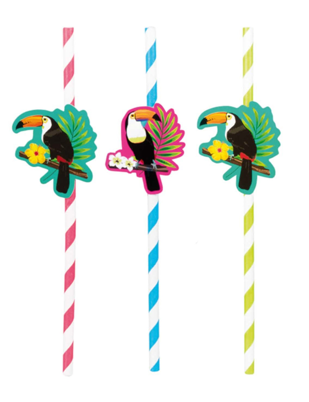 palhinhas em cartão toucan para festa às riscas cor de rosa azul e verde