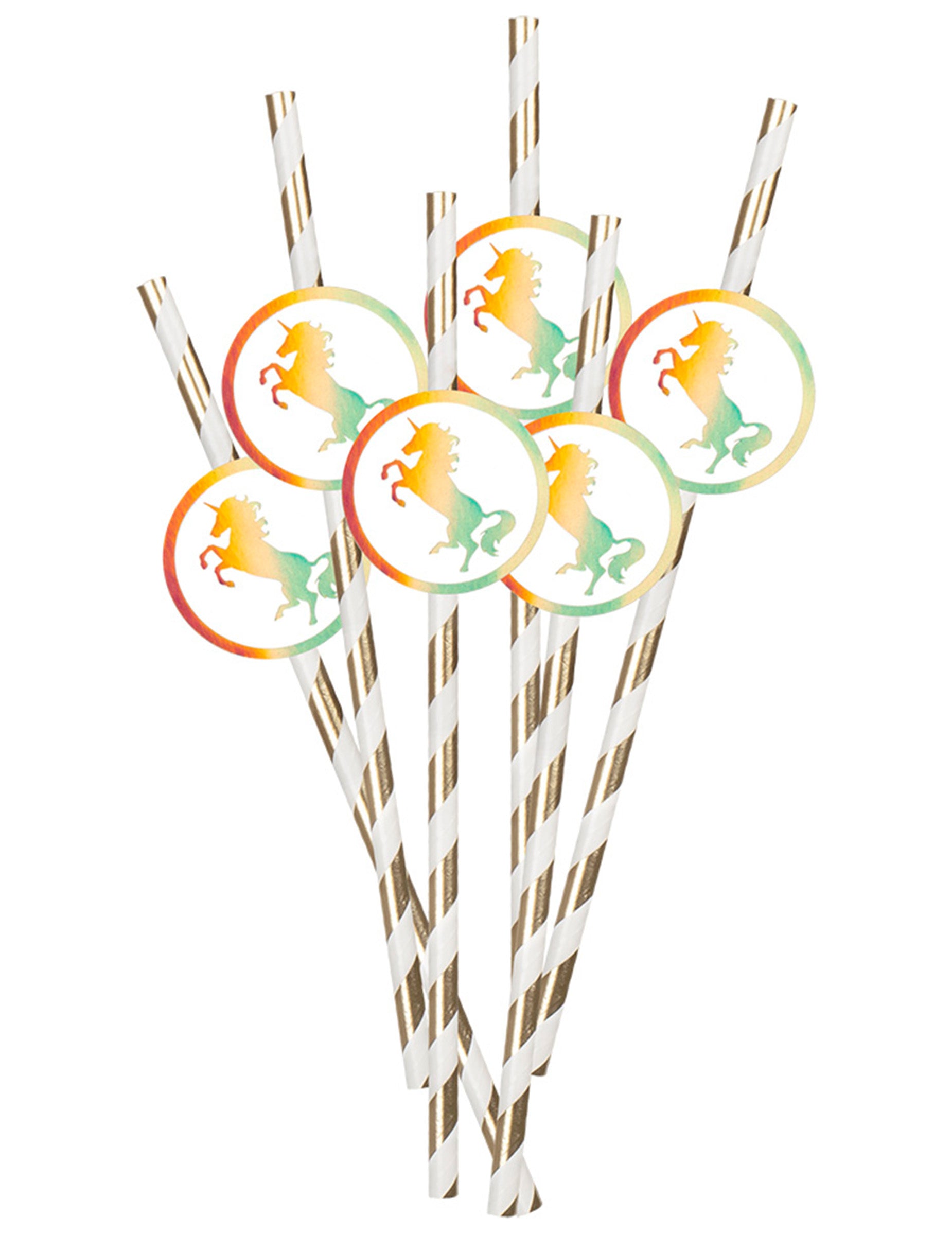 6 Pailles en carton Licorne Holo dorées et blanches