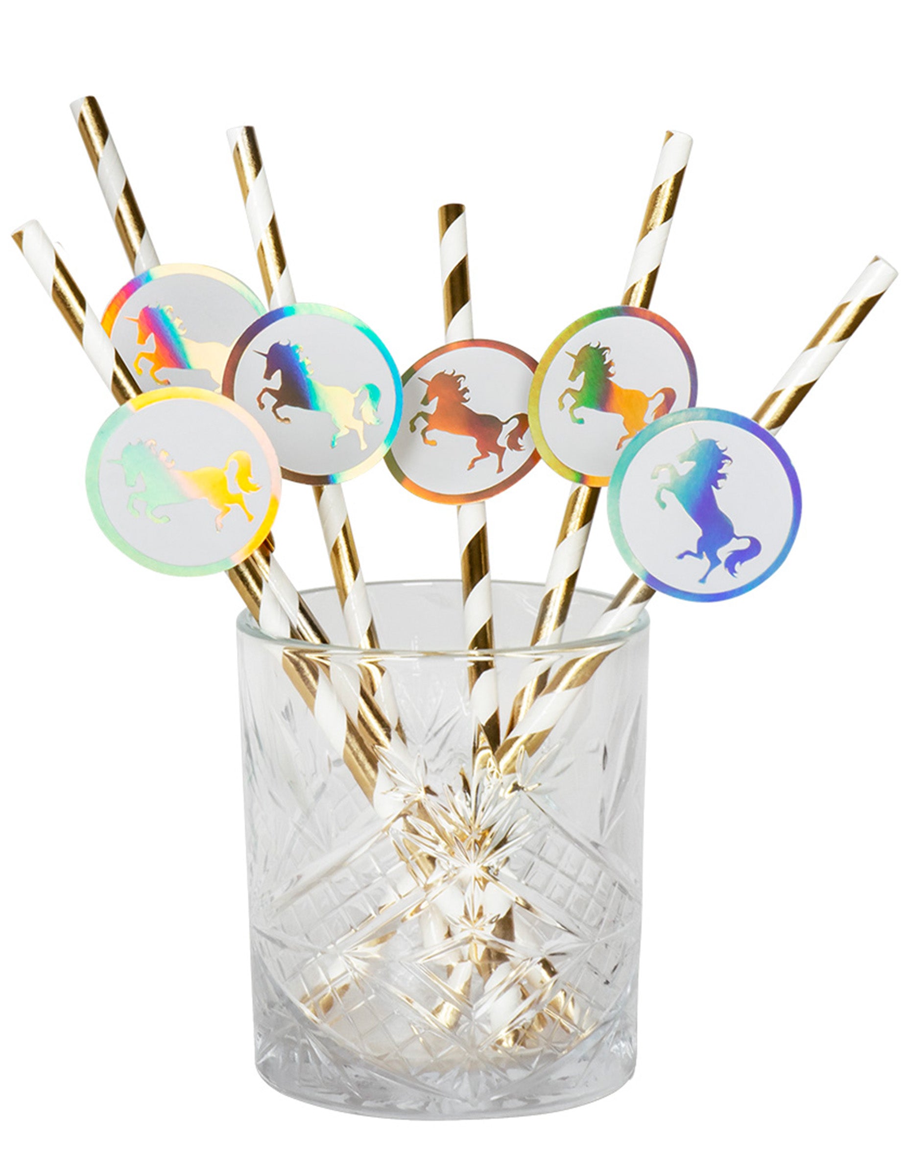Mise en situation dans un verre des pailles en carton Licorne Holo