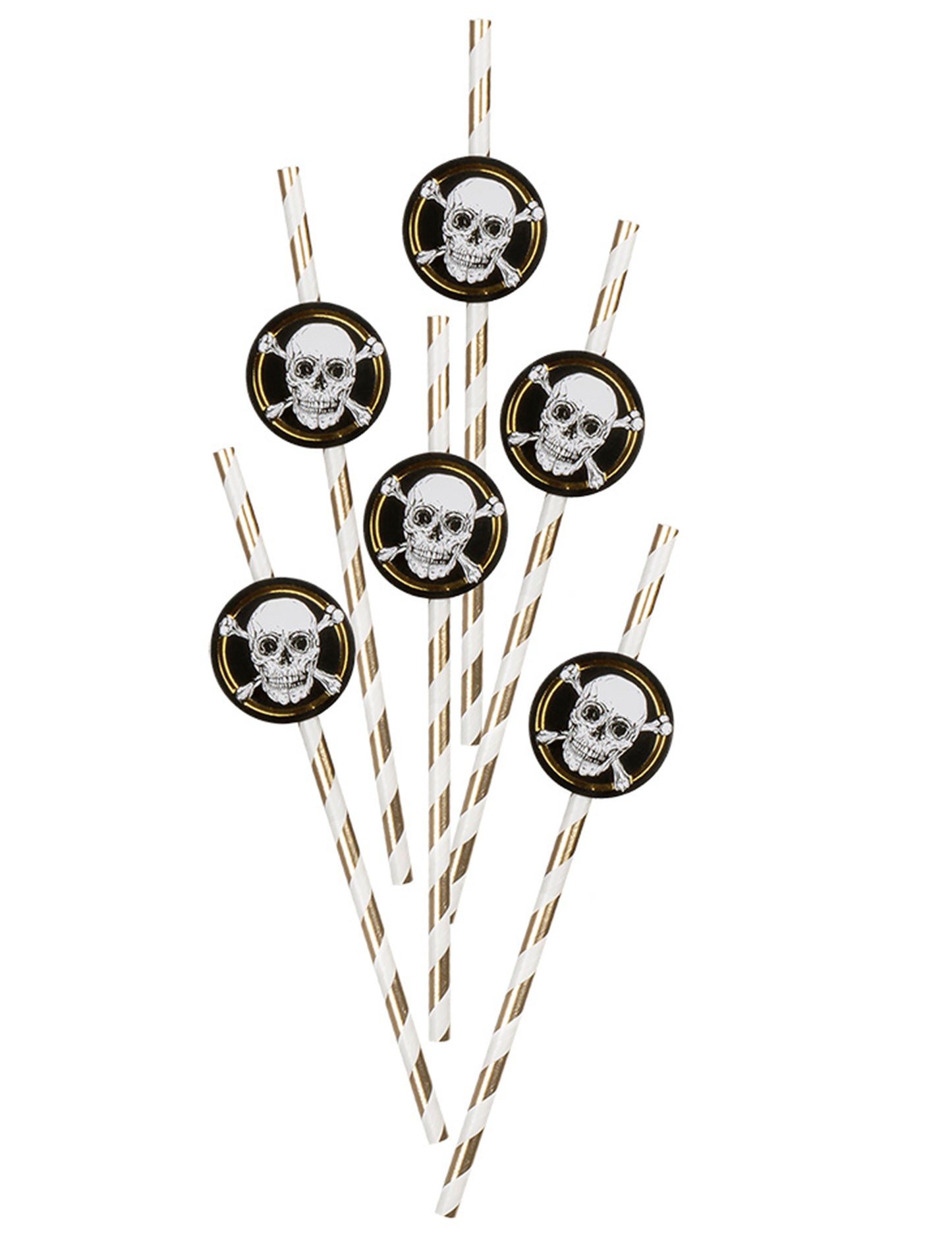 Pailles en carton Pirate Jolly Roger blanches et dorées à rayures