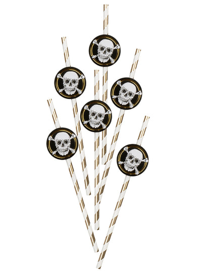 Pailles en carton Pirate Jolly Roger blanches et dorées à rayures