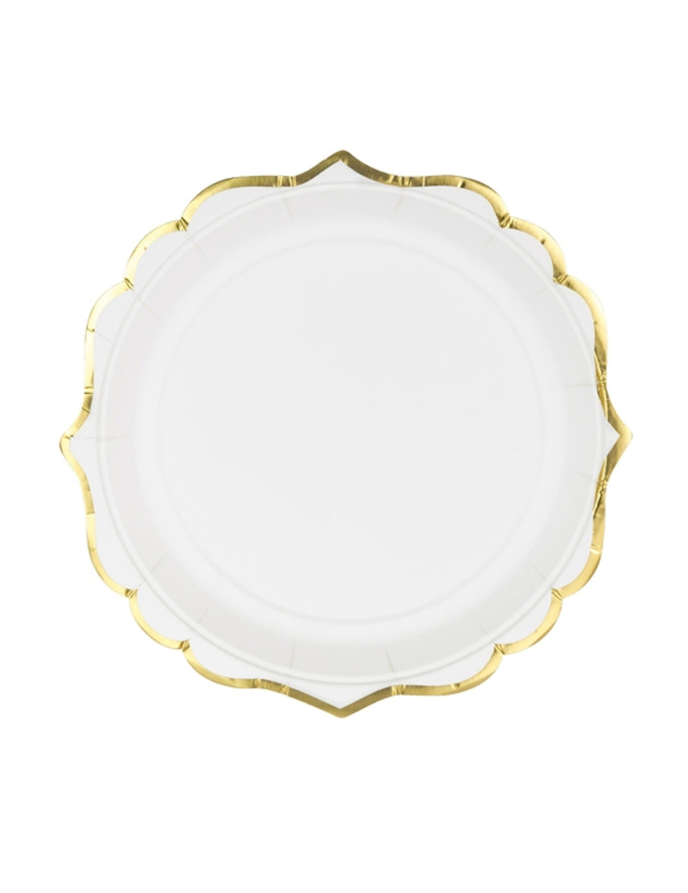 Petites assiettes en carton bordures ciselées pour fête blanches et dorées