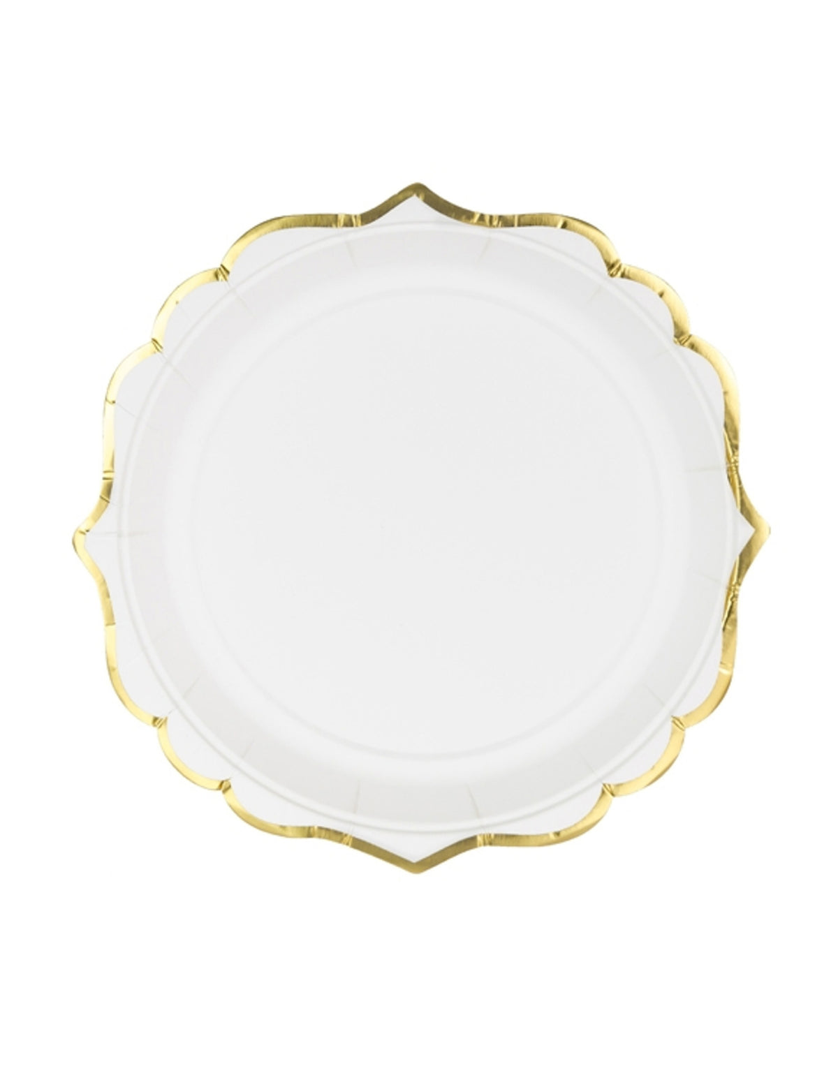 Petites assiettes en carton bordures ciselées pour fête blanches et dorées