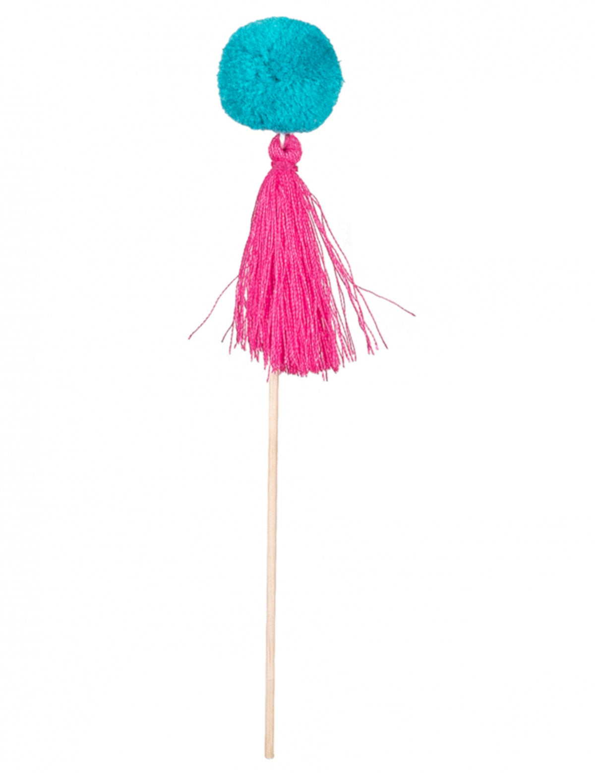 Détail du pompon bleu et du gland rose du pics en bois pompons colorés pour fête