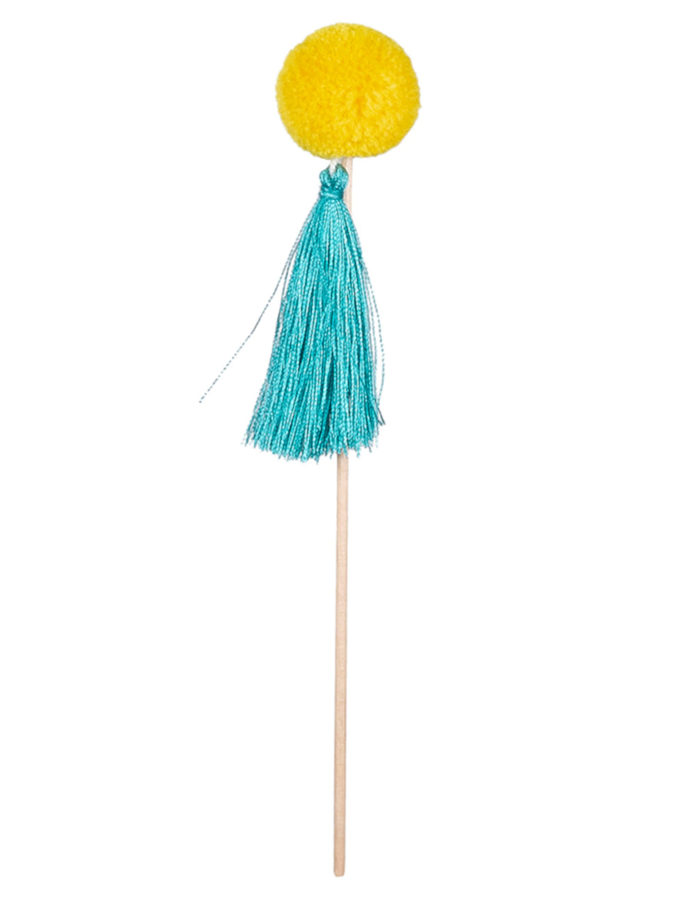 Détail du pompon jaune et du gland turquoise du pics en bois pompons colorés pour fête