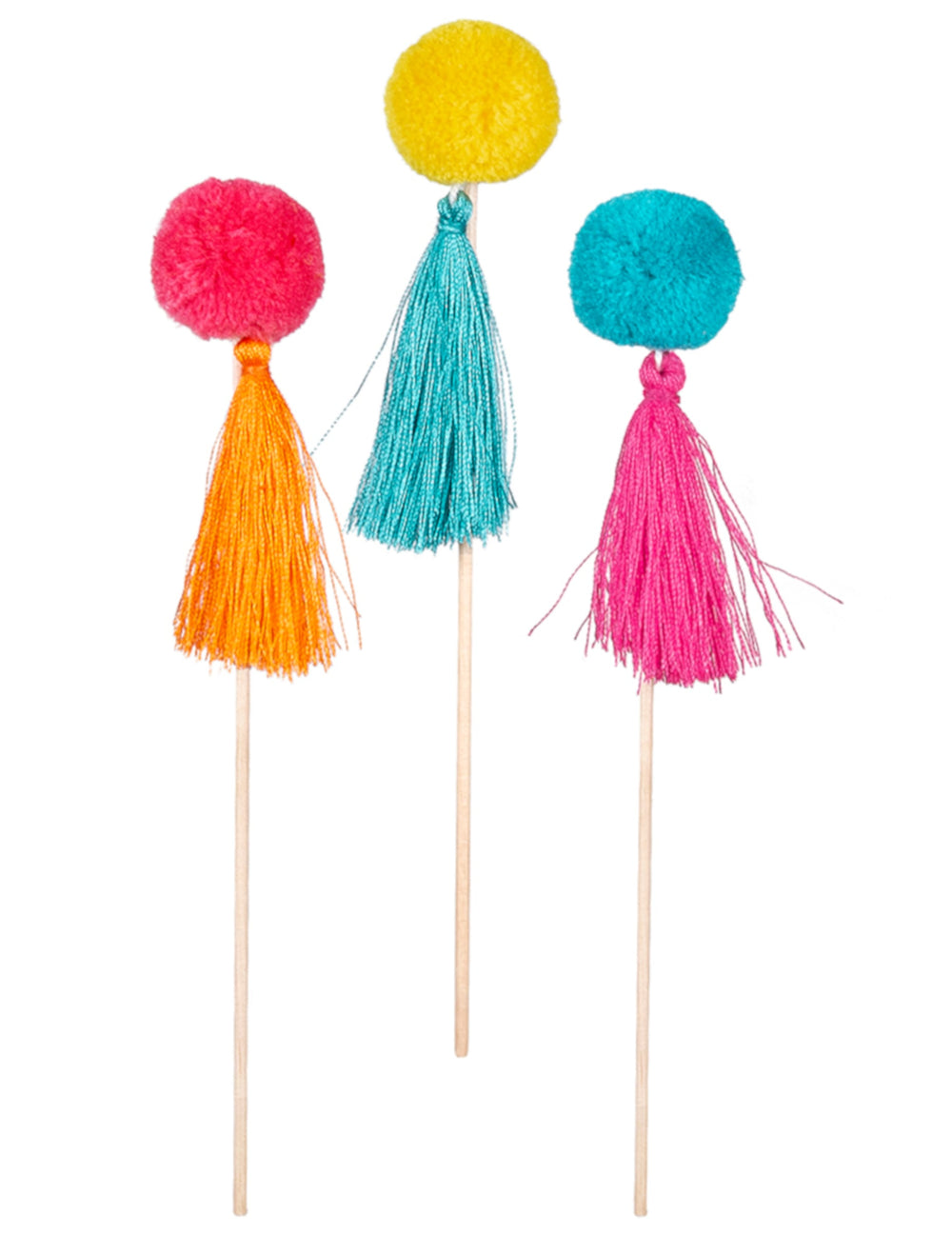 Pics en bois pompons colorés pour fête multicolores avec glands