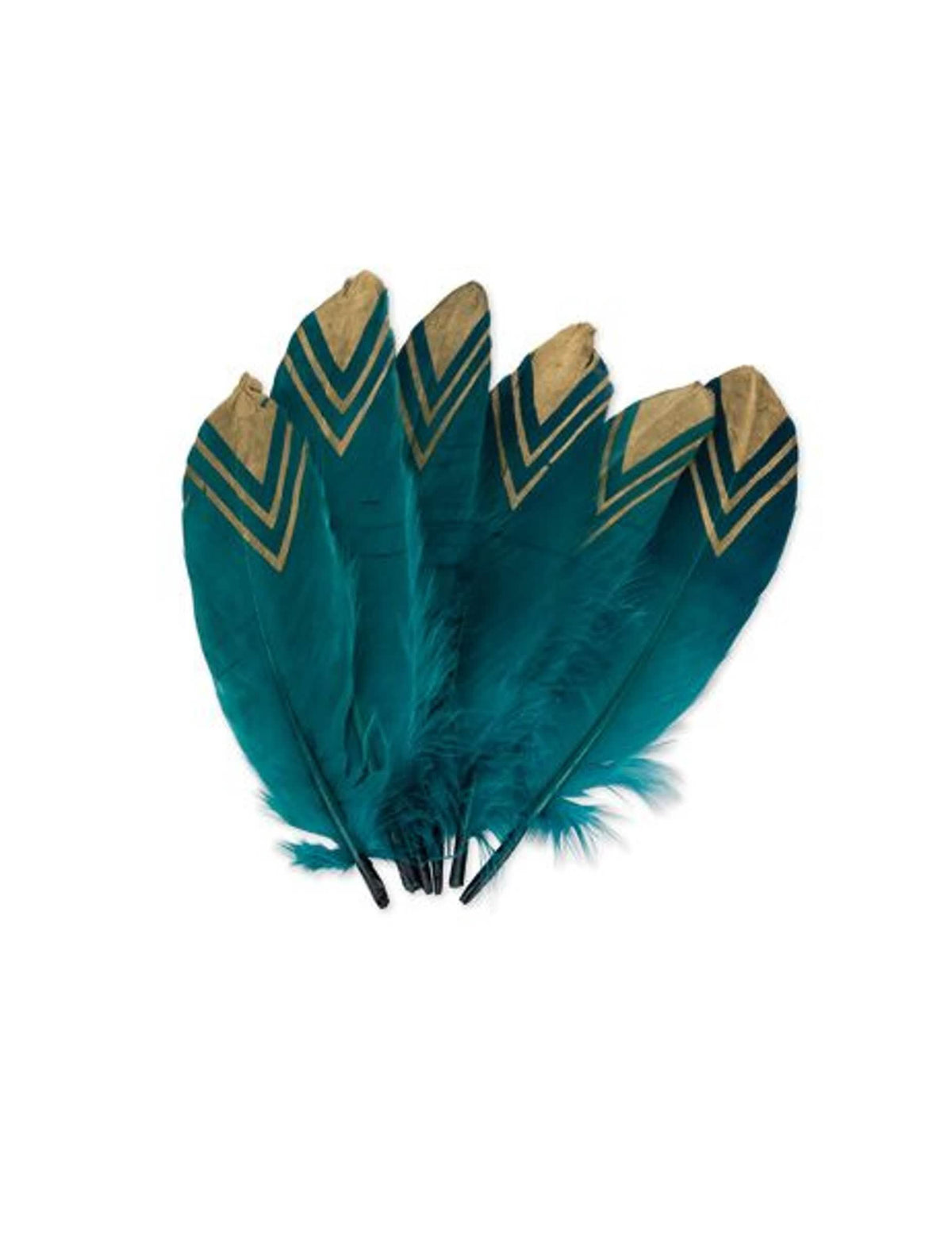 6 plumas étnicas azul pavão e dourado com brilho