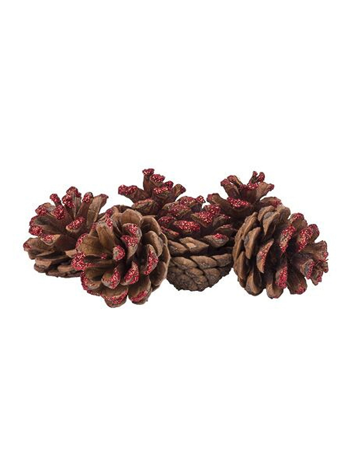 Mise en situation sur une table de fête des pommes de pin de Noël avec paillettes rouges