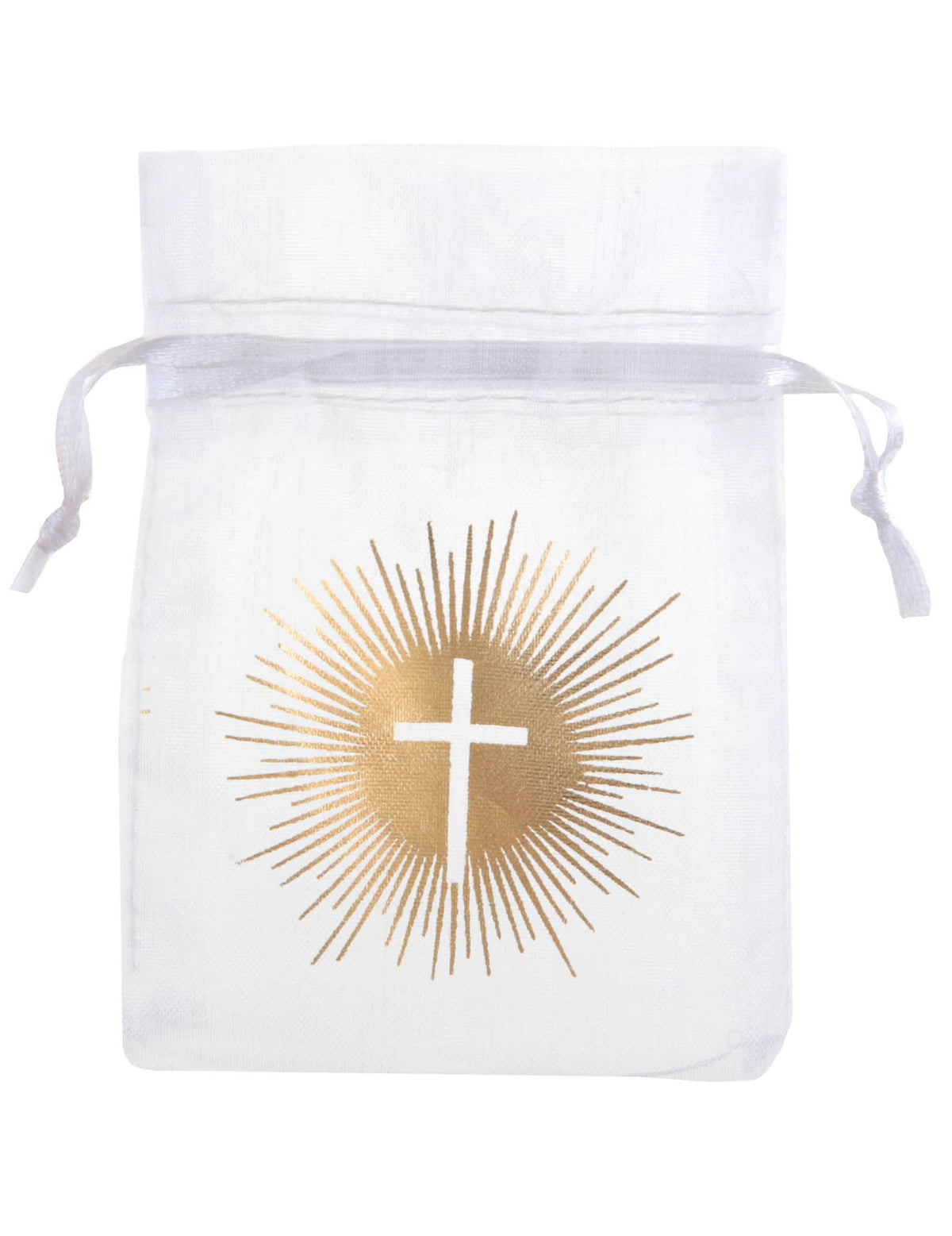 Saco de organza de cerimónia branco e dourado com cruz