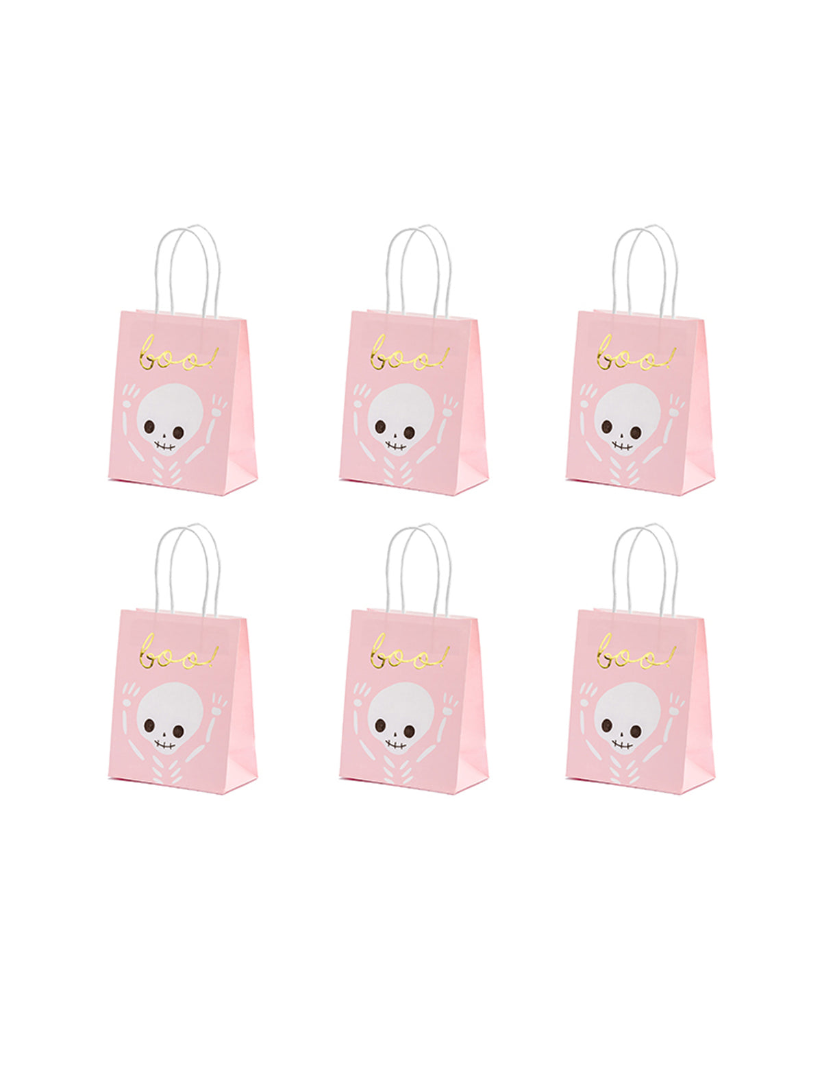 Sacs à bonbons boo pour Halloween roses et blancs avec motif squelette
