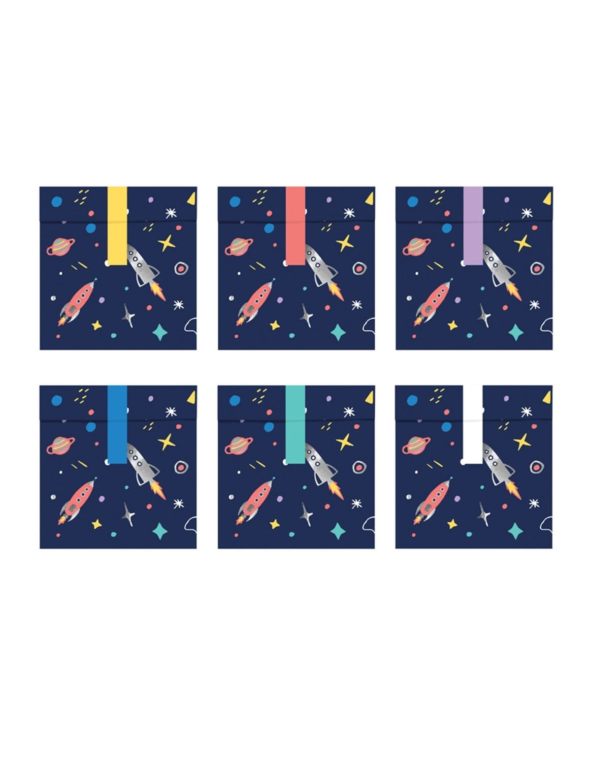 sacos de prenda de papel space adventure azul-marinho com foguetões e fitas coloridas