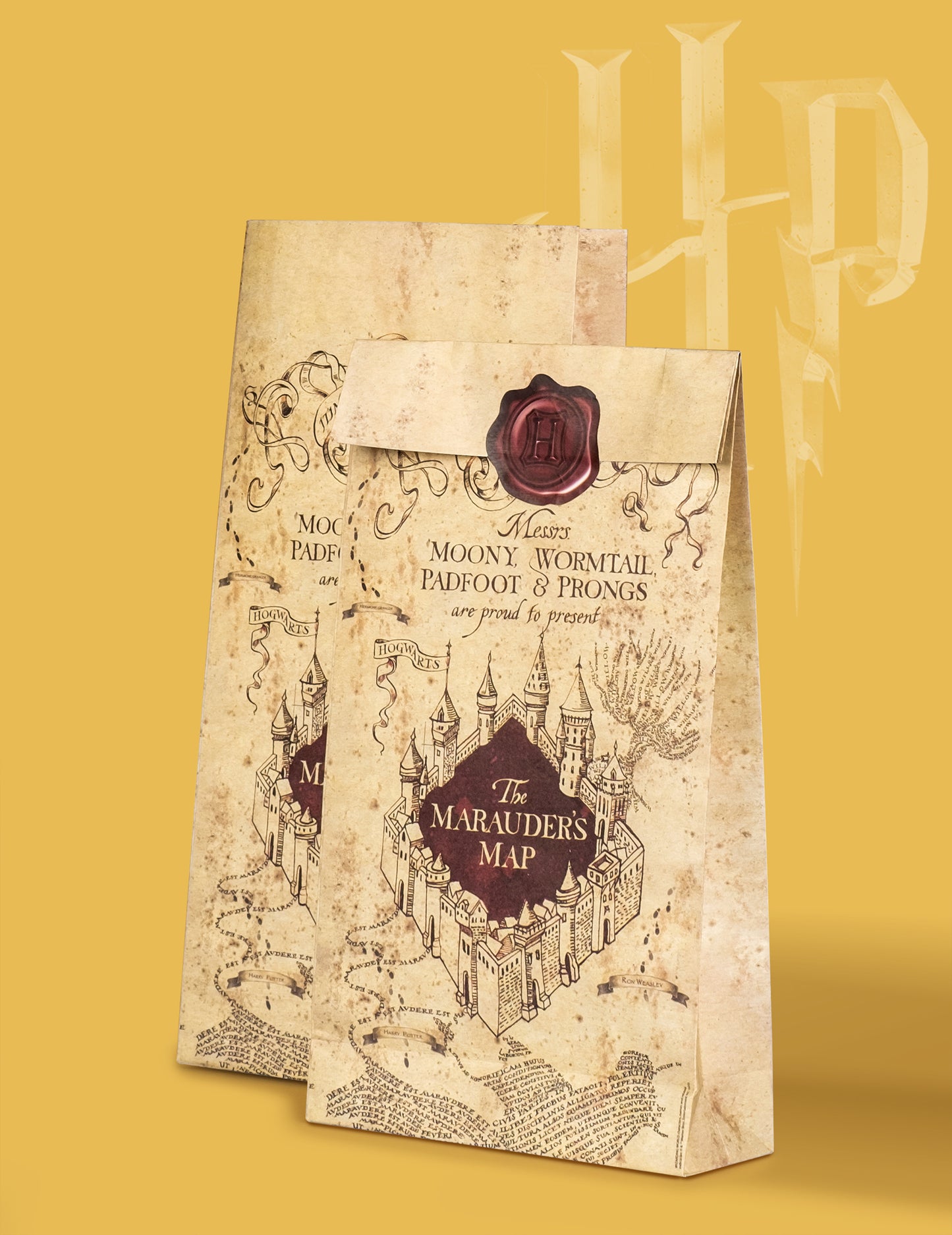 Vue de profil et de face des sacs cadeaux Harry Potter