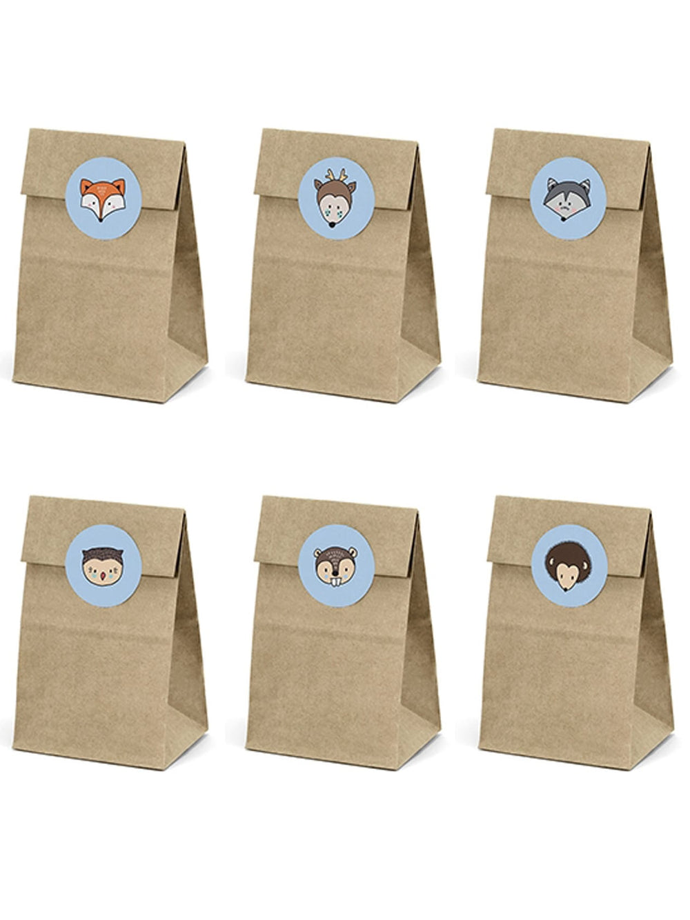 6 sacs en papier kraft et stickers animaux de la forêt pour enfant marron et bleu