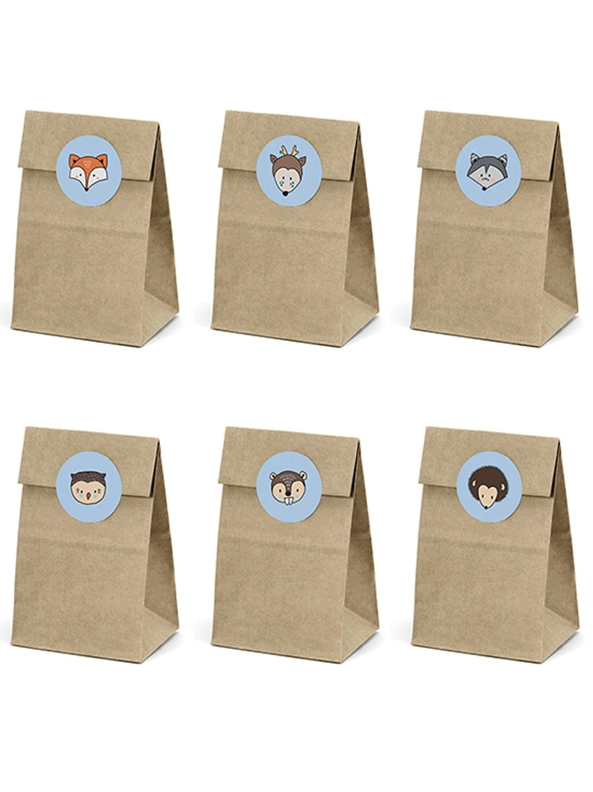 6 sacs en papier kraft et stickers animaux de la forêt pour enfant marron et bleu