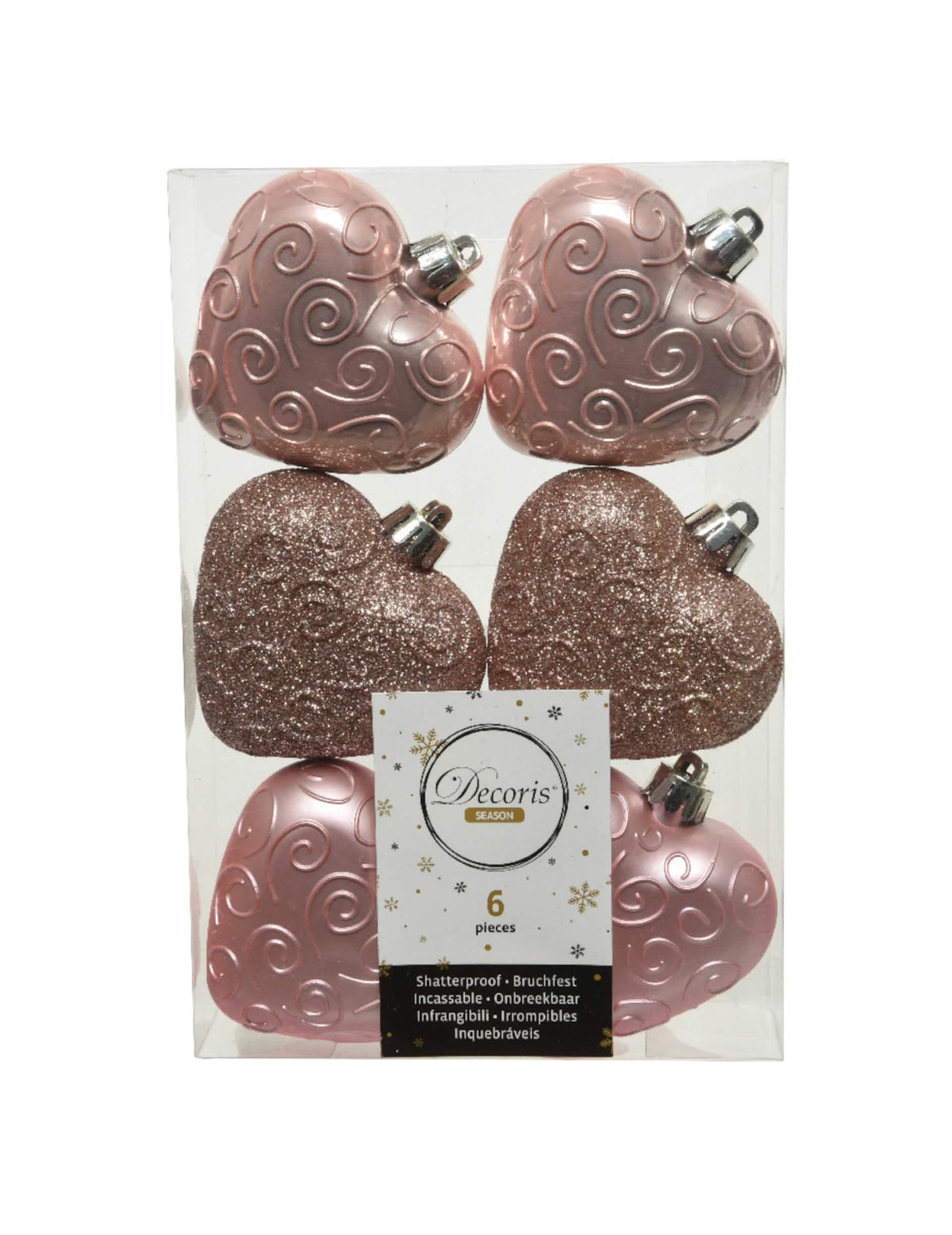 Caixa de 6 suspensões em forma de coração para árvore de Natal, ouro rosa com brilhantes